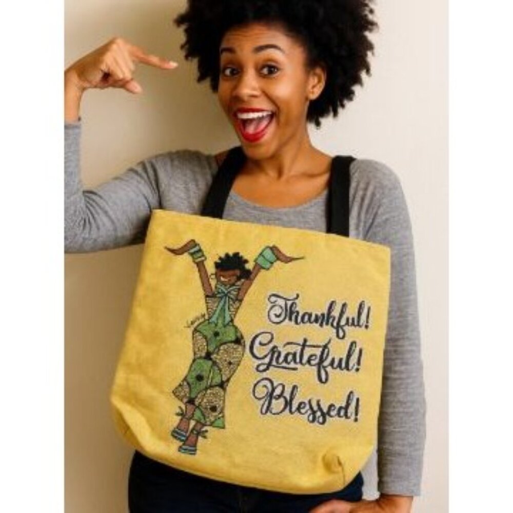 Thankful Grateful Blessed Tote Bag With Black Handles – Large   – Yellow & Black - Picture 10 of 11